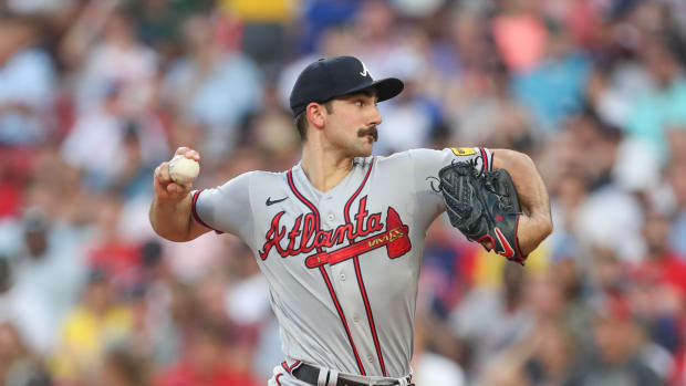 Jul 26, 2023; Boston, Massachusetts, USA; Atlanta Braves starting pitcher Spencer Strider (99) throws a pitch during the second inning against the Boston Red Sox at Fenway Park. Mandatory Credit: Paul Rutherford-USA TODAY Sports
